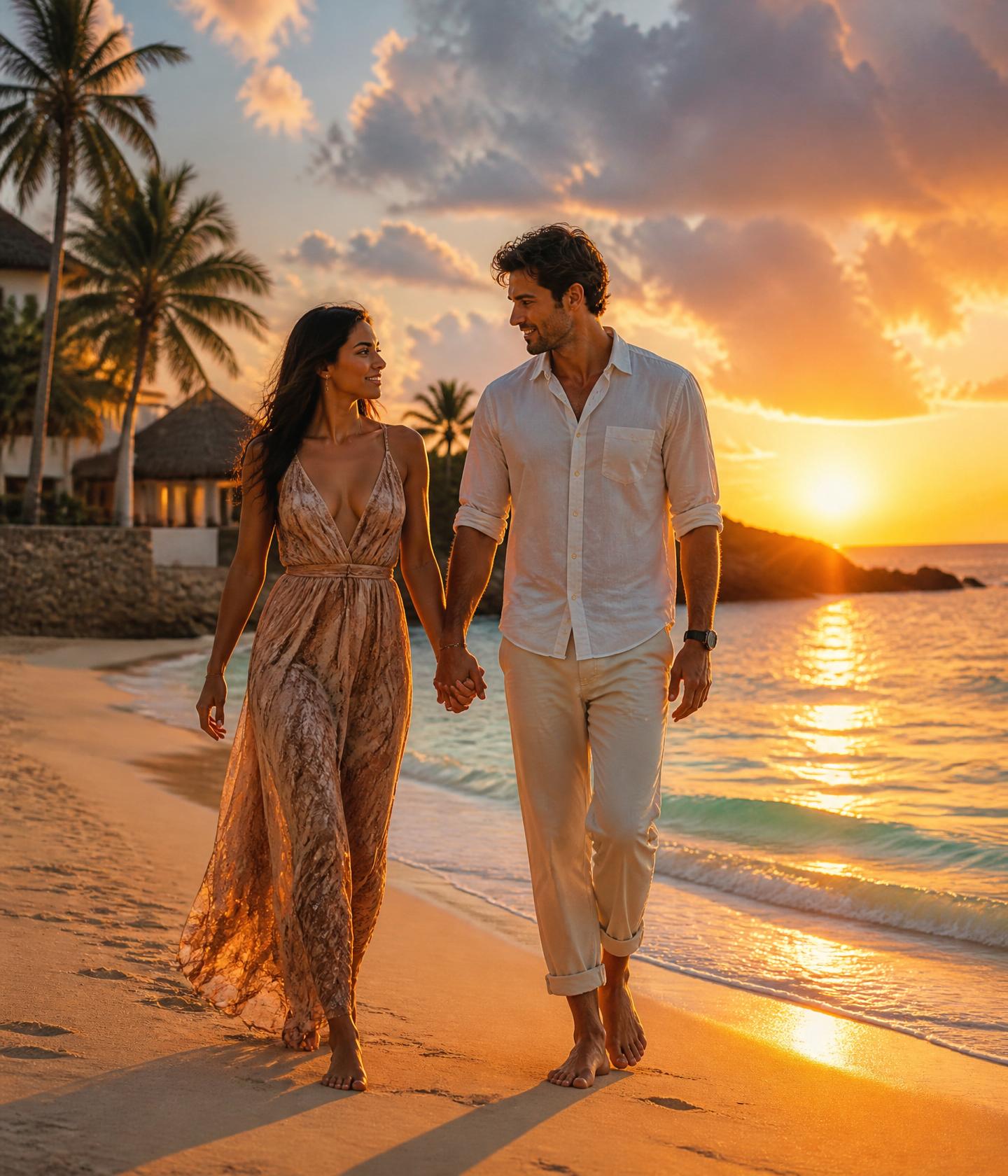 Couple toasting at sunset on a Caribbean beach